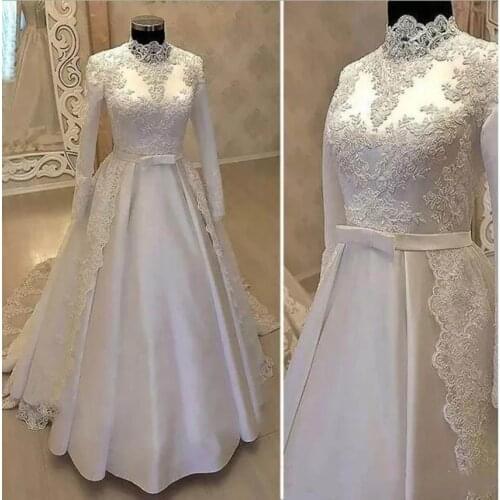 ANGELSBRIDEP Long Sleeves Muslim Wedding Dress Vestido De Noiva Sexy High-Neck Applique Court Train Formal Bride Dress Plus Size
