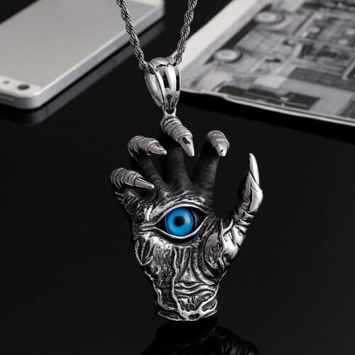 Vintage Punk Gothic Style Blue Eye Demon Hand Palm Pendant Necklace Domineering Mens Rock Biker Jewelry