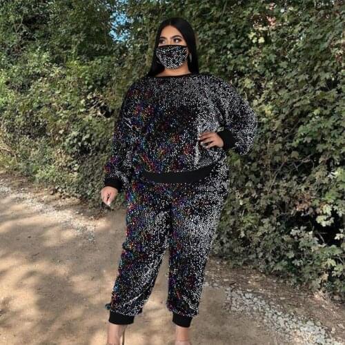 Plus size women clothing two piece set long sleeve pullover tops party sequin matching sets pant Suits bulk items wholesale lots