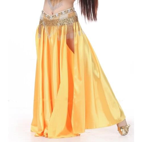 11 Colors Performance Women Dancewear Green Belly Dance Skirt Side Split Elastic Waist Silk Satin Skirts for Bellydance