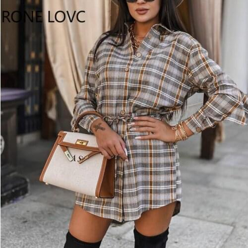 Women Chic Elegant Plaid button Ruffle Hem Mini Working Dresses Top