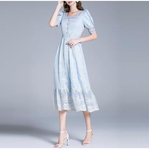 Womens Summer New Fashion Square Neck Embroidery Slimming Short Sleeve Elegant A-line Dress Clothes Korean Vestidos