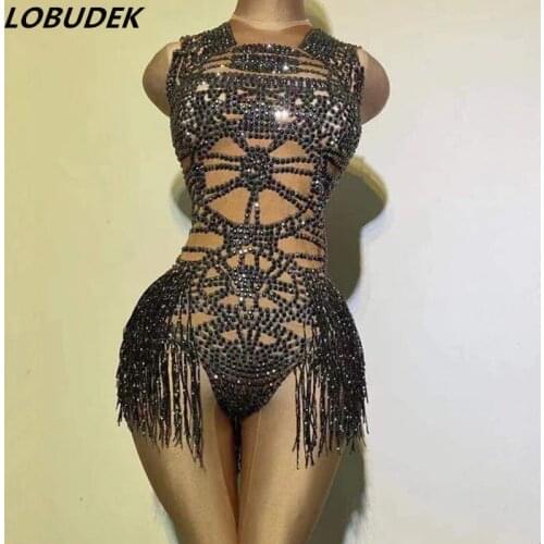 Bar Club Black Tassel Rhinestones Stage Bodysuit Sexy Sleeveless Elastic Skinny Tight Fitting Women Dancer Performance Leotard