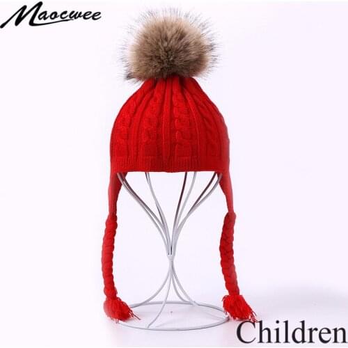 Winter Beanie Baby Hat With Faux Fur Pompon For Children Outdoor Knitted Braid Cute Cap For Girls Boy Casual Solid Color Beanies
