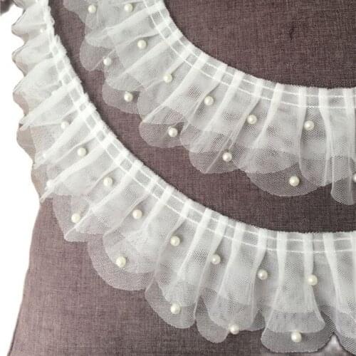 1Yards 91cm White Beaded Lace Fabric Voile Pleated Sequins Lace Ribbon Tulle Laces Trim Sewing Collar 6.5CM Guipure Decor K14-1