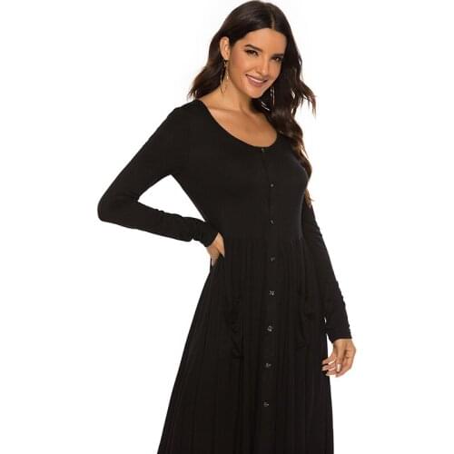 2020 Fashion Ladies Autumn Dress Long Elegant Solid A Line Casual Long Sleeved Dress Button O Neck Female Dress