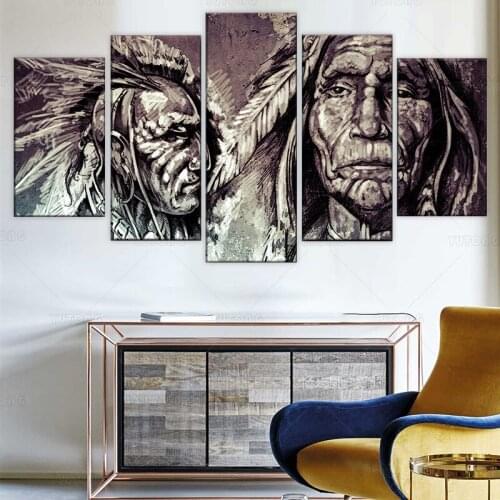 HD Printed 5 Piece Canvas wall Art Indians warrior Portrait Painting poster for Living Room Home Decoration framed