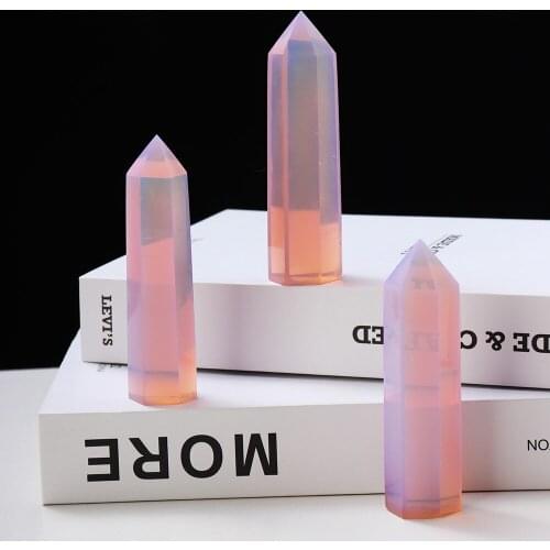 7-11cm Pink Opal Synthetic Point Hexagonal Wand Prism for Home Ornament Pink Crystal Artificial Stone Quartz Reiki Healing Gems