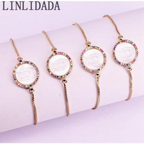 8Pcs Colorful Zirconia CZ Micro Pave White Shell mary of virgin Round Shaped Religious Connector Bracelet