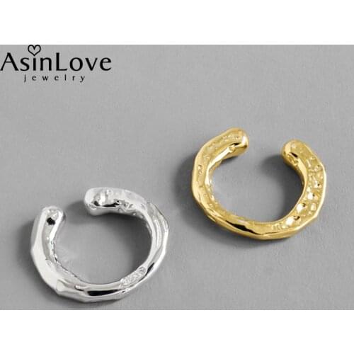 AsinLove Real 925 Sterling Silver Ear Buckle Minimalist Irregular Concave-Convex Surface Clip Earrings for Women Fine Jewelry