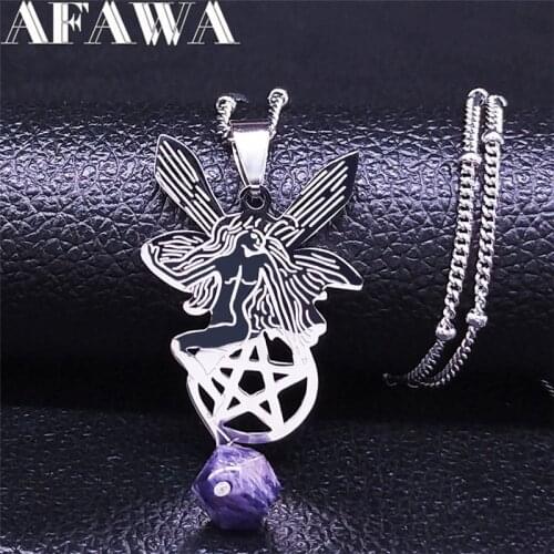 Butterfly Fairy Witchcraft Pentagram Purple Crystal Stainless Steel Necklace Silver Color Necklaces Jewelry collar N1260S02