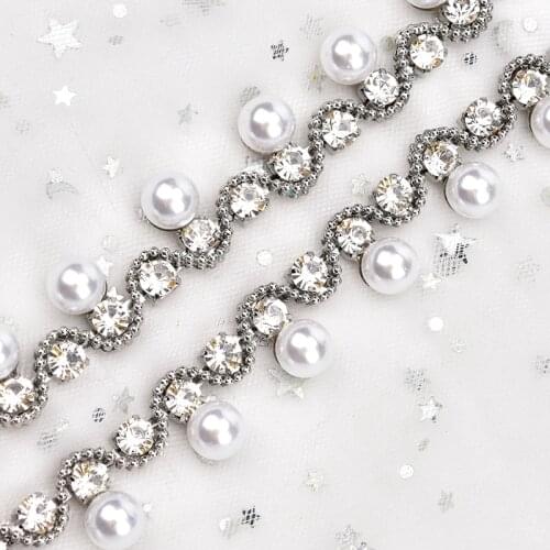 New 1 Yard/Lot Crystal Rhinestone Trim Bridal Pearl Flower Chain Wedding Decoration Performance Clothing Collar DIY Accessories