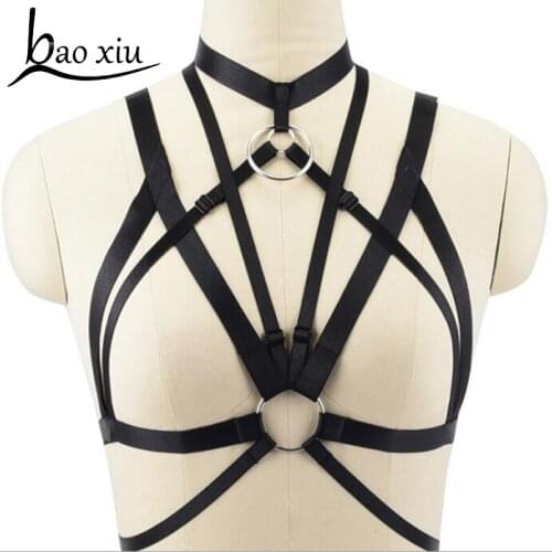 Black Elastic Fetish Body Harness Cage Bra Women Sexy Bondage Lingerie Handmade Cupless Body Harness Goth Crop Top Underwear