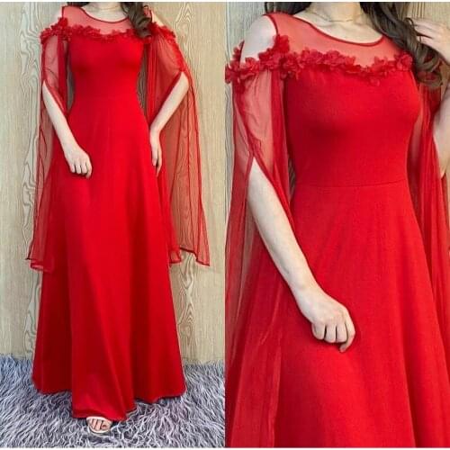 Elegant Long Red Satin Evening Dresses Flower Decoration O-Neck Zipper Back A-Line Muslim Abendkleid Robes de Soirée for Women