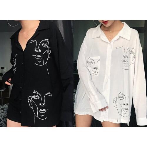 KLV Female Autumn Long Sleeve Casual Loose Shirts Button Plus Size Tops Boyfriend wear Harajuku Women Streetwear Print Blouse