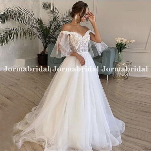 2021 White Bohemian Wedding Dresses Lace Appliques Tulle Summer Beach Bridal Gowns Off The Shoulder Transparent Bride Dresses