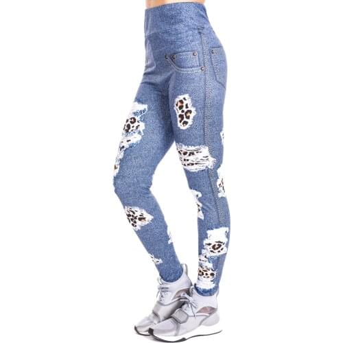 Leopard patches imitate Jeans Print Legging Push Up Fashion Pants High Waist Workout Jogging Leggings