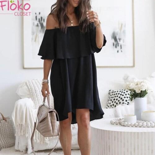 Flokocloset Summer 2021 Off Shoulder Mini Dresses Casual Loose Ruffle Sleeve A-LINE Irregular Dress for Women