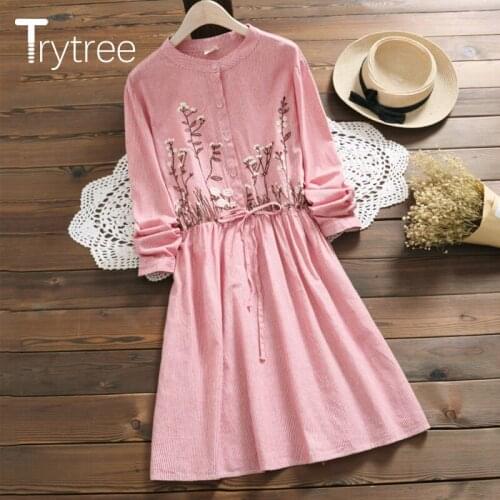 Trytree Autumn Women Dress Casual O-Neck Embroidery Striped Drawstring Waist Shirt Dressses A-Line Office Lady Knee-Length Dress