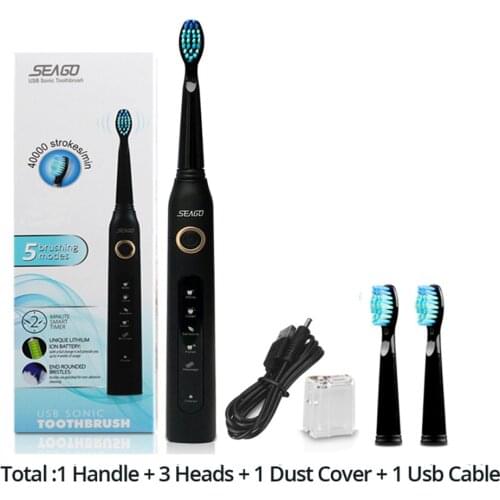 Seago SG-507 USB Rechargeable Electric Toothbrush Adult Waterproof Deep Clean Teeth Brush With 2 Replacement Heads