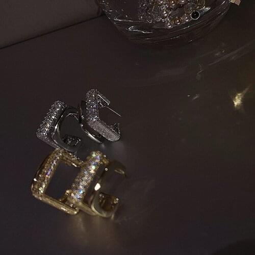 Minar Delicate Full Rhinestones Hoop Earrings for Women French Elegant Metallic Square Geometric Open Earrings Vintage Jewelry