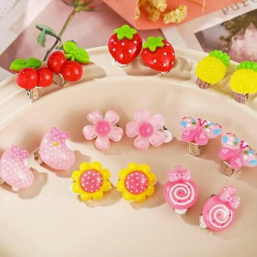 Cute Childrens Earrings Cute Cartoon No Pierced Anti-pain Student Ear Clip Strawberry Cherry Pineapple Lollipop Gift for Girl