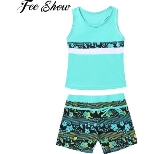 2PCS Kids Girls Tankini Set Summer Swimsuit Swimwear Beachwear Sleeveless Tops with Bottoms Children Swimming Bathing Suit