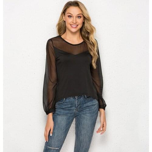 2021 New Summer Women Sexy T Shirt Long Sleeve O Neck Black Solid Color Fashion Mesh Patchwork Lantern Sleeve Tops