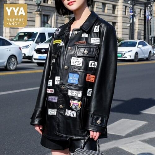 New Womens Genuine Leather Vintage Jackets Turn-Down Collar Single Breasted Pockets High Street Spliced Female Fashion Coat