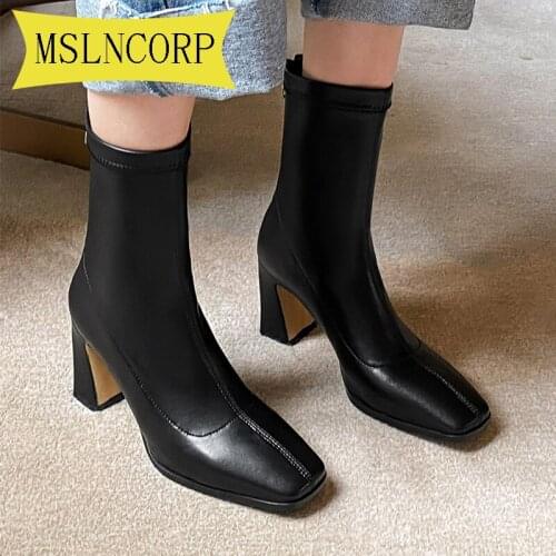 Plus Size 34-43 Spring High Quality Soft Leather Boots Women Square Toe Pumps Heels Fashion Ladies Party Shoes Winter Ankle Boot