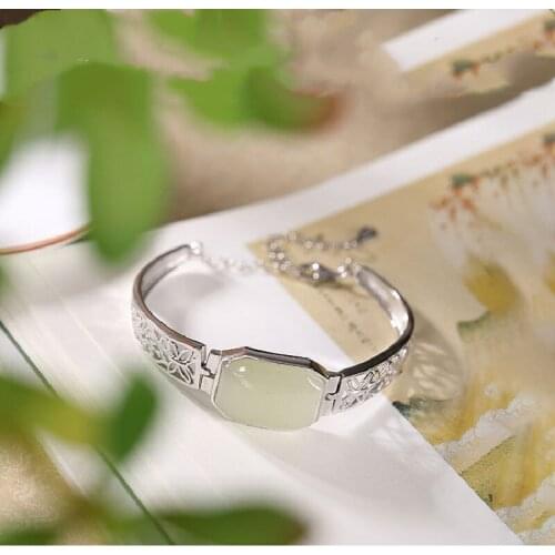 S925 Sterling Silver Inlaid Natural Hetian Jade White Jade Hollow Pattern Personality Temperament Ladies Bracelet