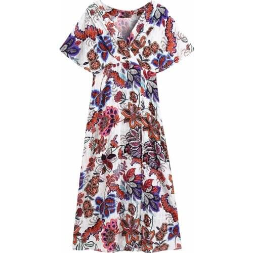 Women Boho Style Floral Printed Midi Dresses V Neck Short Sleeve Vintage Dresses Female Elegant A Line Party Dress