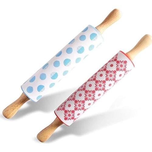1Pc Silicone Rolling Pin Kitchen Baking Tool Colorful Non-Stick Dough Baker Roller with Wooden Handle for Dough, Bread and Pizza