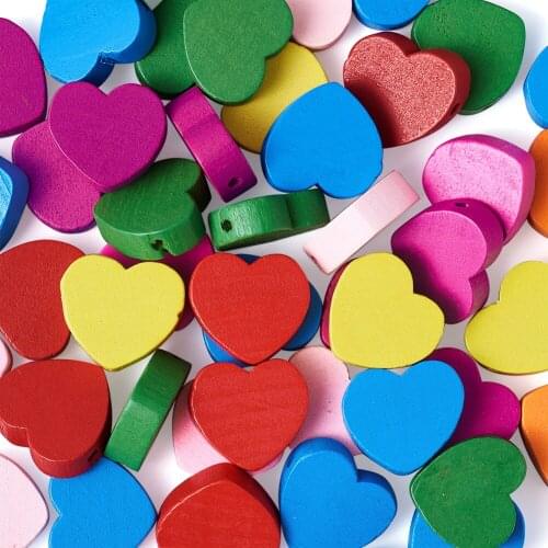 50pcs Mixed Color Heart Wood Beads Nice for Childrens Day Jewelry Making, Lead Free, Dyed, 18x18x6mm, hole: 2mm