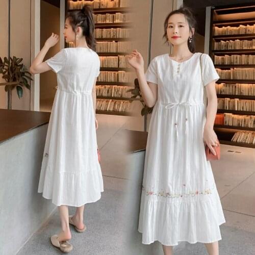9510# Maternity Dress Summer Cotton Short Sleeve Loose Stylish Embroidery A Line Dress for Pregnant Women Mom Dress