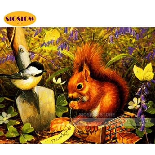 SIOSIOW DIY 5D Diamond Painting Cross Stitch Animals Full Square Diamond Embroidery Bird And Squirrel Rhinestones Art Home Decor
