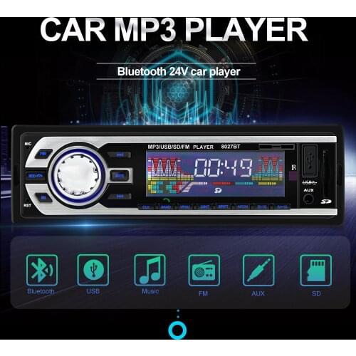 For 12V and 24V Autoradio car Audio Player 1 DIN Car Radio Kits Stereo FM Tuner Bluetooth AUX MP3 SD USB Car-Charger 8027BT