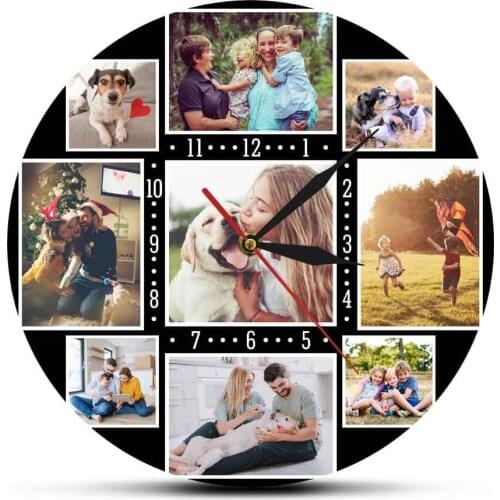 Family Photos Collage 9 Custom Pictures Black Large Acrylic Printed Wall Clock Gift For Friends Home Decor Wall Hanging Watch