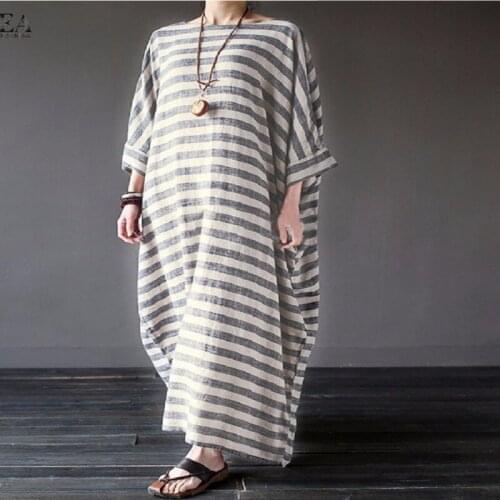 European and American women do old cotton-and-hemp striped robes literary and loose long dresses 2018