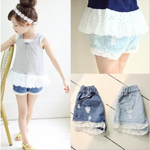 2018 New Summer Fashion Baby Girls Lace Denim Pocket Short Hole Jeans Pants Baby Casual Trousers Kids Shorts Childrens Clothing