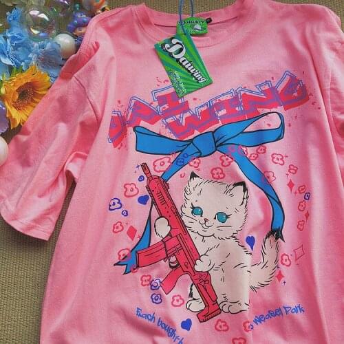New T-shirt Top Goth Harajuku Cute Cat Printing Womens T-shirts Stitch Green Short Tops Summer Style O-neck Short Sleeve Y2k
