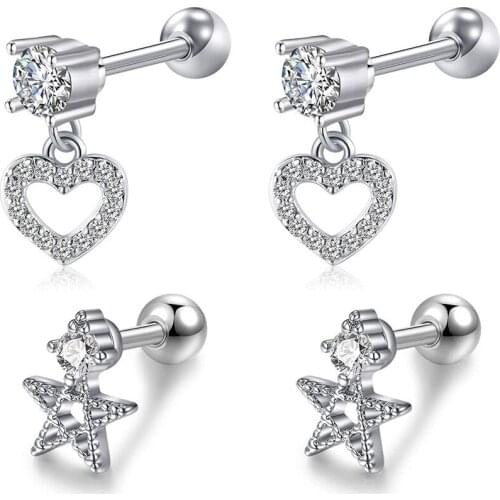 JFORYOU 4Pcs 16G Helix Tragus Earrings Surgical Steel with Star Heart Dangle and Snowflake inlaide CZ Cartilage