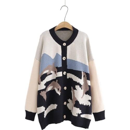 2020 Autumn Women New Loose Cute Dolphin Jacquard Cardigan Sweaters Female Harajuku Jumper Knitted Mid-Length Sweater