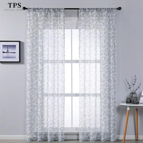 TPS Green Linen Texture Sheer Curtains for Bedroom Living Room Kitchen Panels Small Tree Branch Printed Window Treatment Blinds