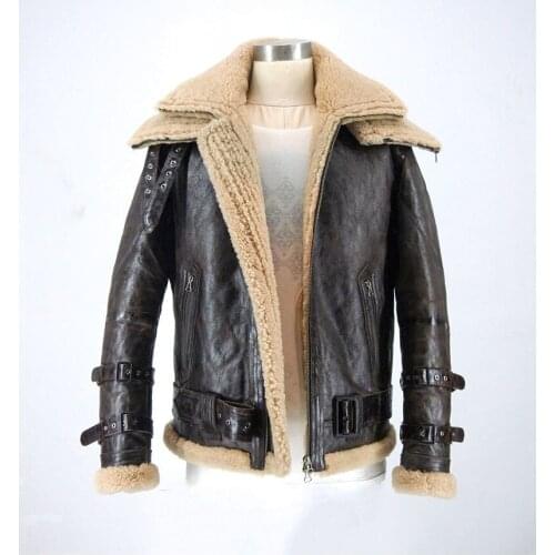 2020 WINTER MENS FASHION sheep fur shearling wool llining double collar DEISGN cowhide belt biker JACKET COAT