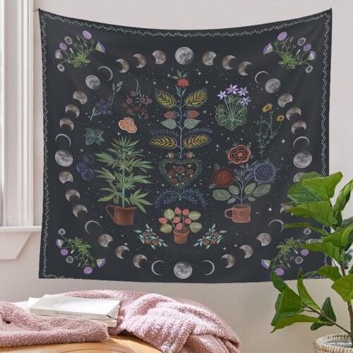 Moon Phase Tapestry Wall Hanging Botanical Celestial Floral Wall Tapestry Hippie Flower Wall Carpets Dorm Decor Starry SkyCarpet