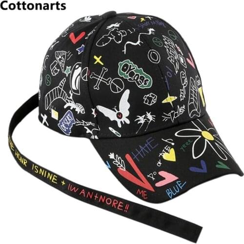 New Trend Long Ribbon Baseball Cap Mens and Womens Graffiti Caps Letters Bones Flame Femme Hip Hop Cotton Womens Hats Black