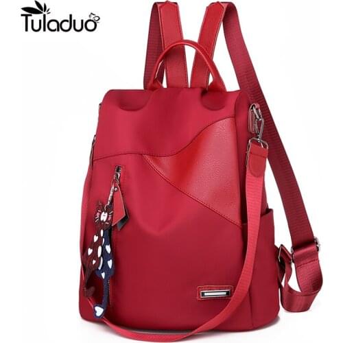 New 2020 Nylon Women Backpack Female Fashion Travel Waterproof Patchwork Leather Bag Black School Backpacks Teenager For Girls