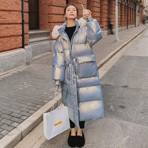 Womens Winter Coat Laser Glossy Down Supper Long Thick 100% White Duck Hooded Big Size Korean Loose Hooded Fur Collar Jacket E0