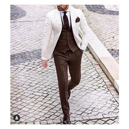 Latest White Jacket Brown Vest Pant 3 Pieces Mens Suit Formal Wedding Groom Suit Blazer Shiny Costume Homme 3 Pieces Masculino